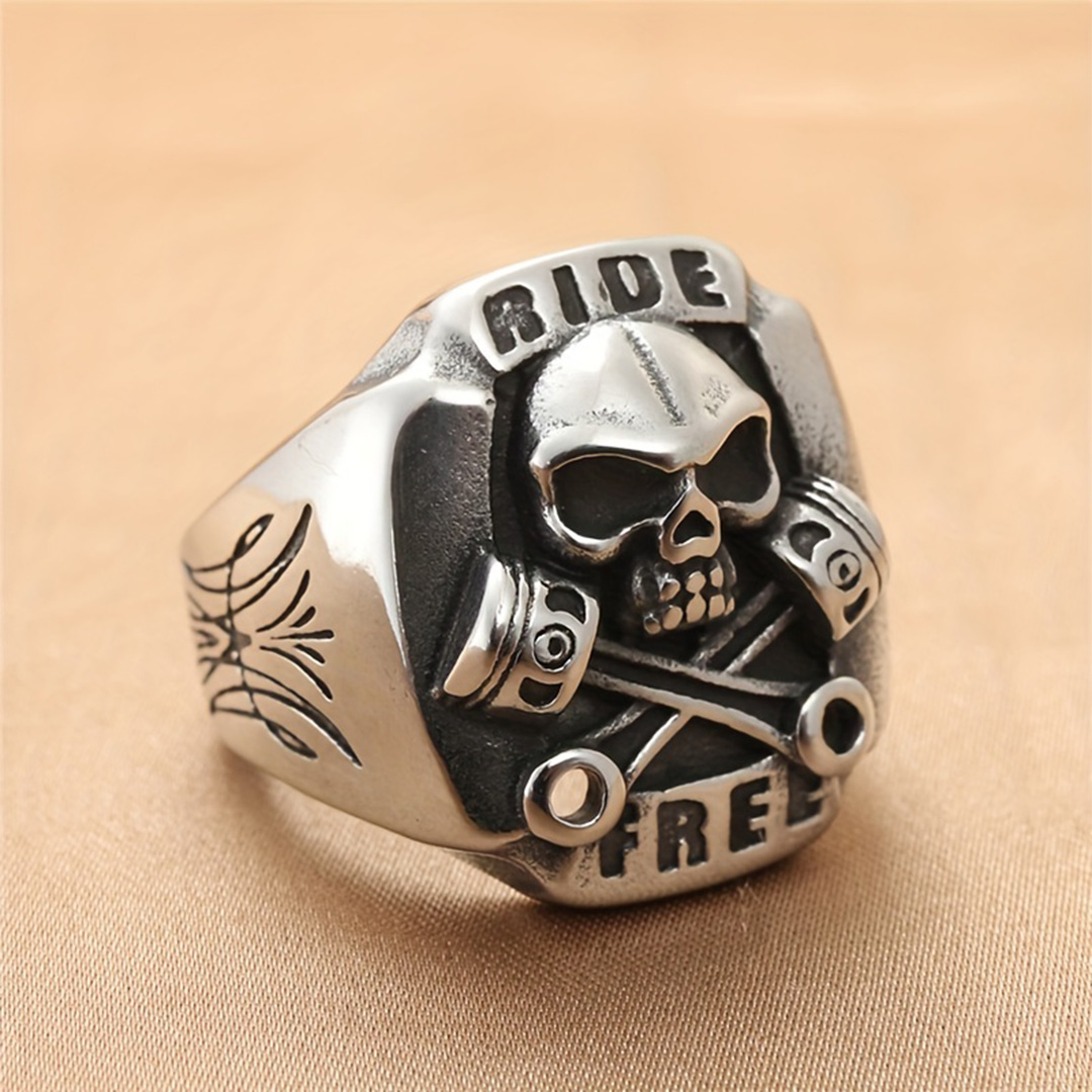 Gothic Ride Free Skull Piston Stainless Steel Ring | Heavy Metal Biker Band | Secure Checkout | Tracked Shipping | 7-Day Easy Returns
