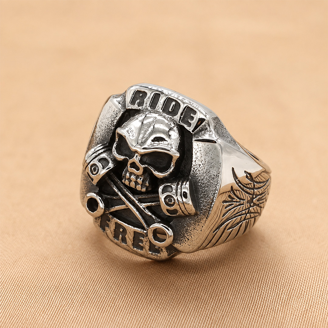 Gothic Ride Free Skull Piston Stainless Steel Ring | Heavy Metal Biker Band | Secure Checkout | Tracked Shipping | 7-Day Easy Returns - Image 3
