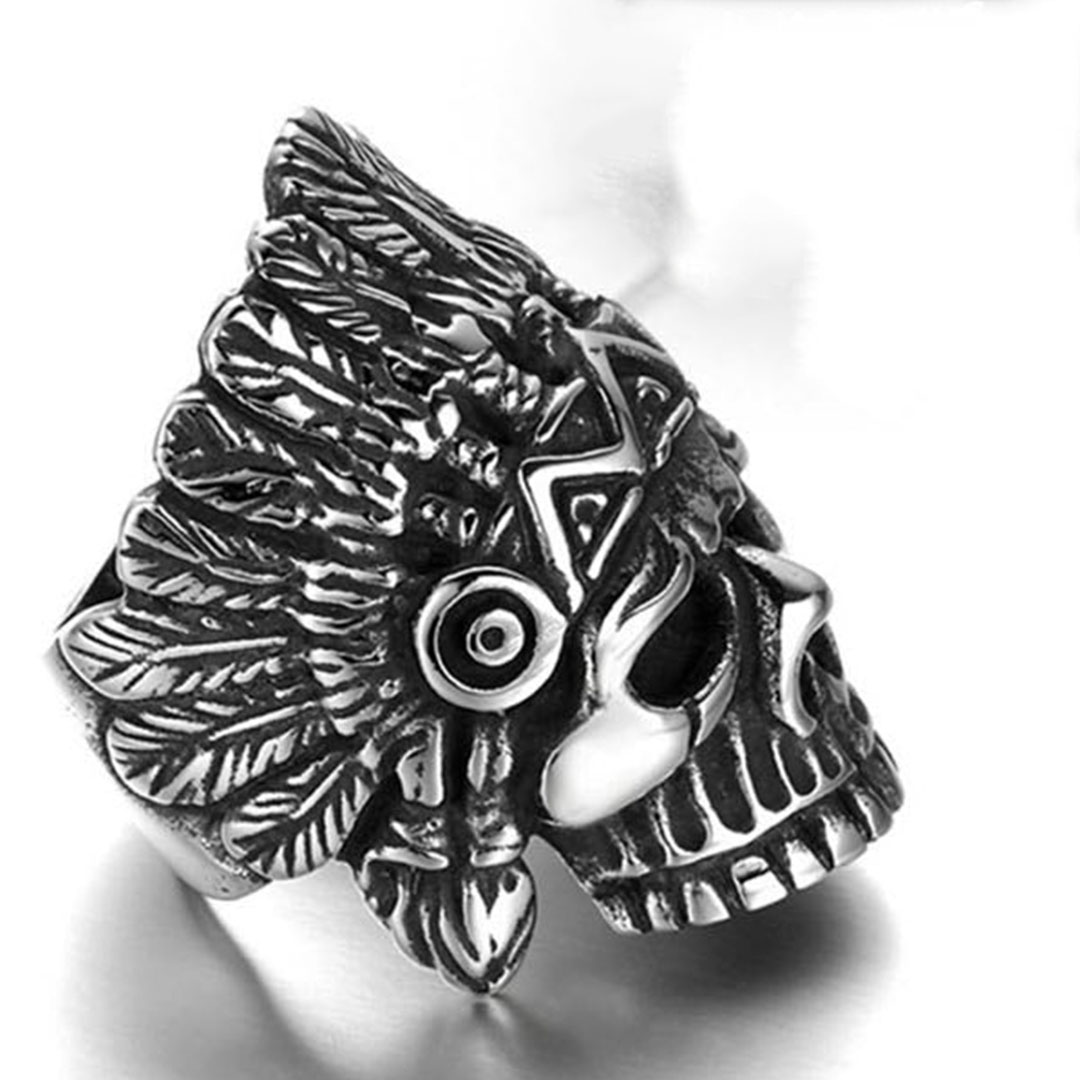 Gothic Native American Chief Skull Stainless Steel Ring | Heavy Metal Biker Band | Secure Checkout | Tracked Shipping | 7-Day Easy Returns - Image 5