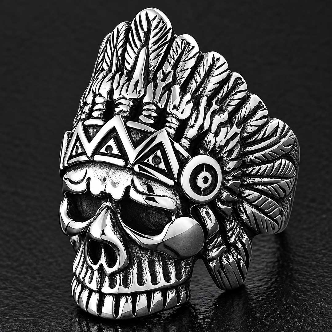 Gothic Native American Chief Skull Stainless Steel Ring | Heavy Metal Biker Band | Secure Checkout | Tracked Shipping | 7-Day Easy Returns - Image 3