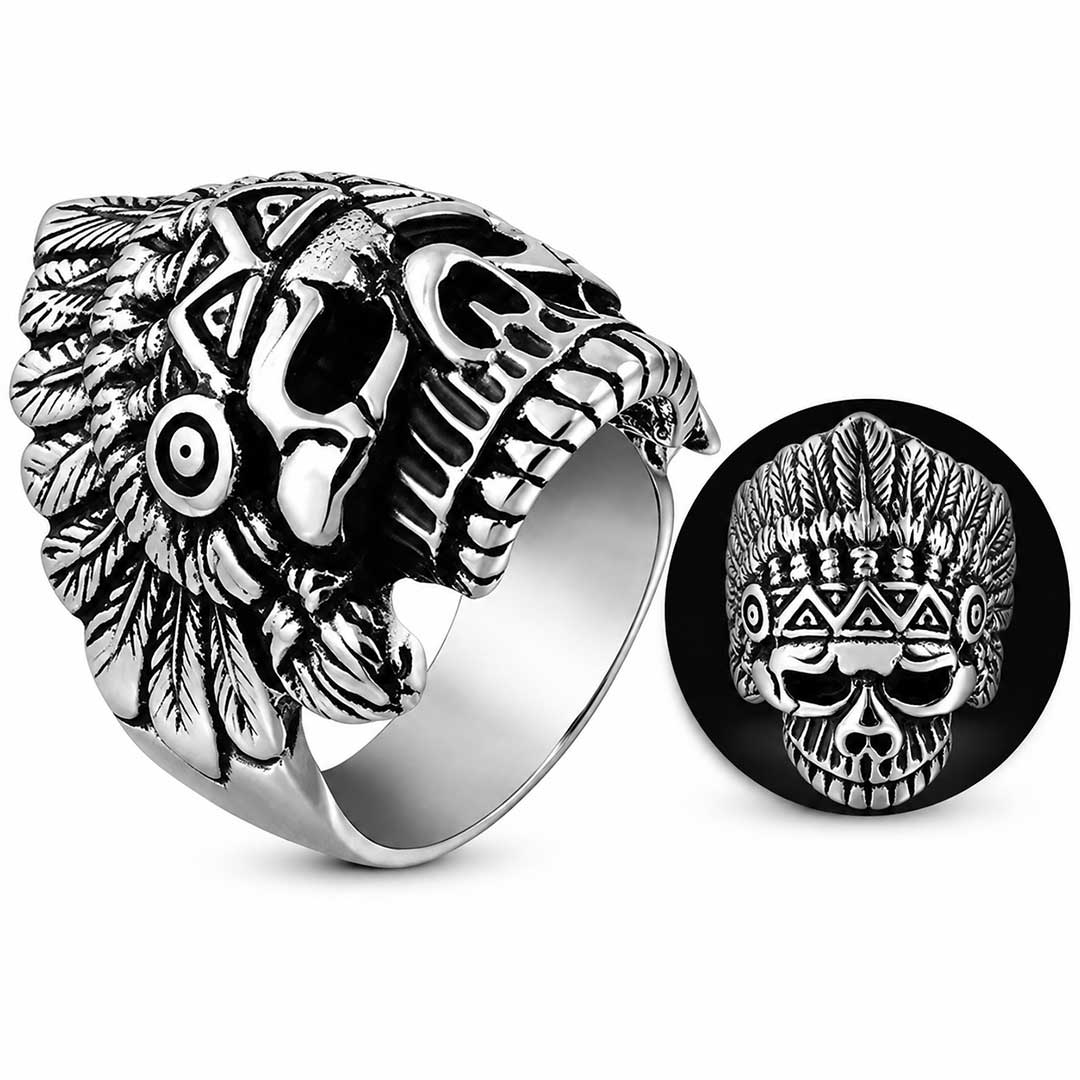 Gothic Native American Chief Skull Stainless Steel Ring | Heavy Metal Biker Band | Secure Checkout | Tracked Shipping | 7-Day Easy Returns - Image 4