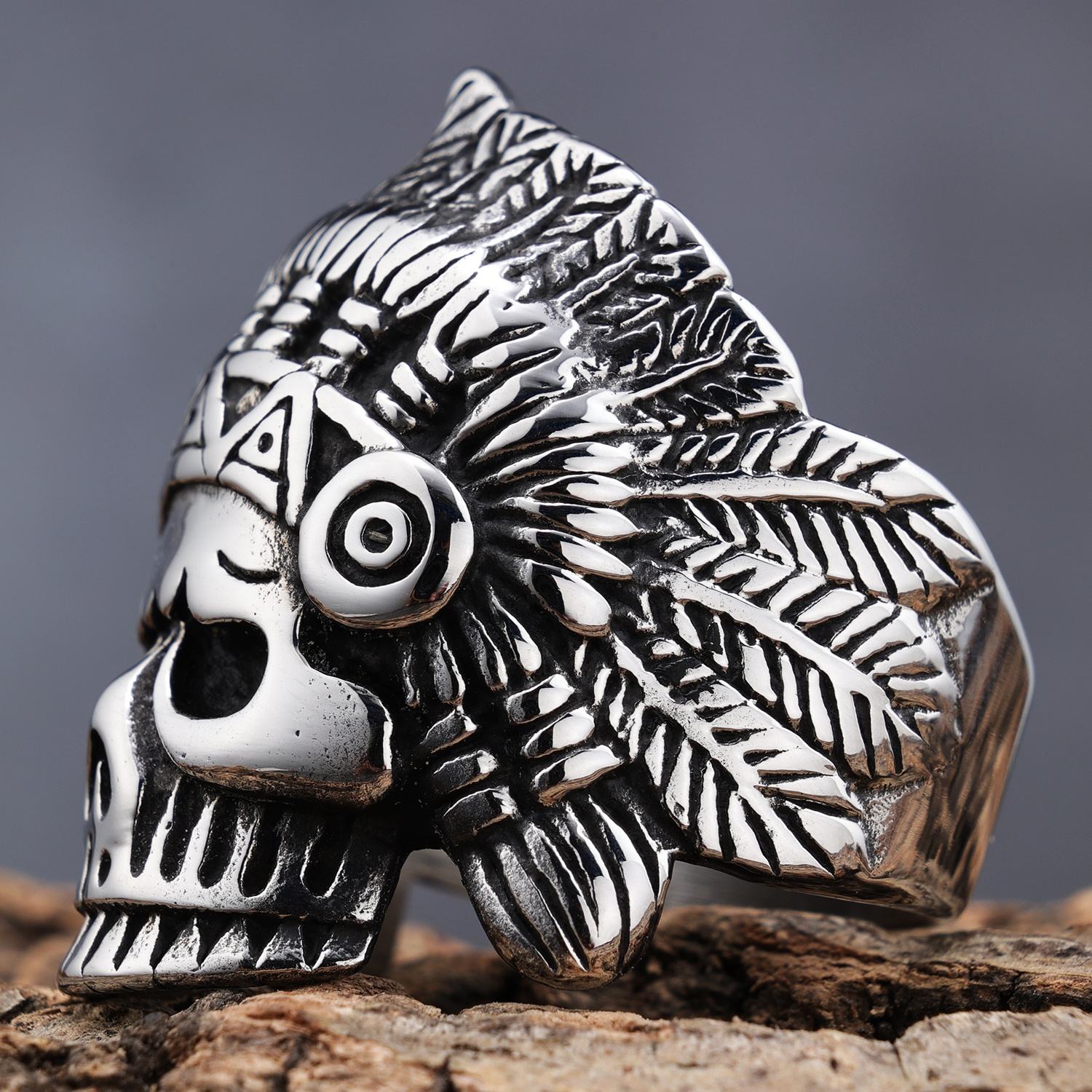 Gothic Native American Chief Skull Stainless Steel Ring | Heavy Metal Biker Band | Secure Checkout | Tracked Shipping | 7-Day Easy Returns - Image 5